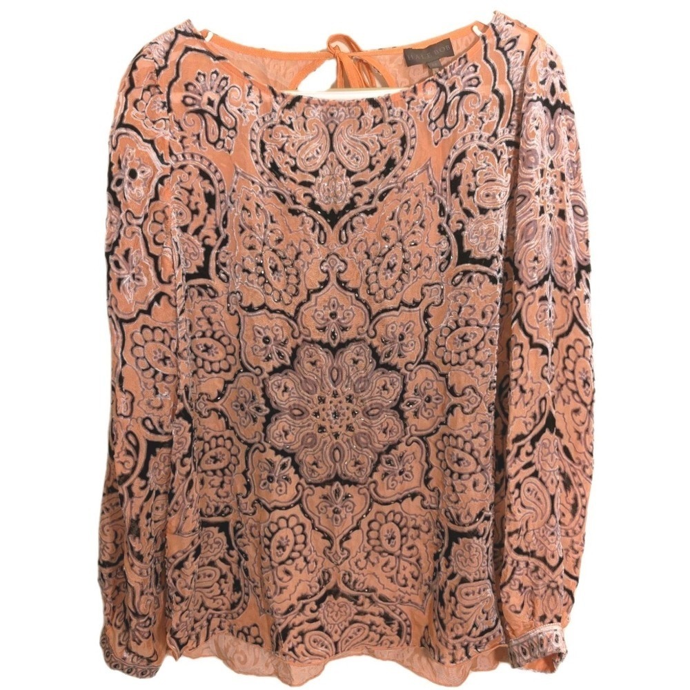 Hale Bob Silk Blend Velvet Burnout Long Top Beads Artsy Boho Gypsy Fairy Medium